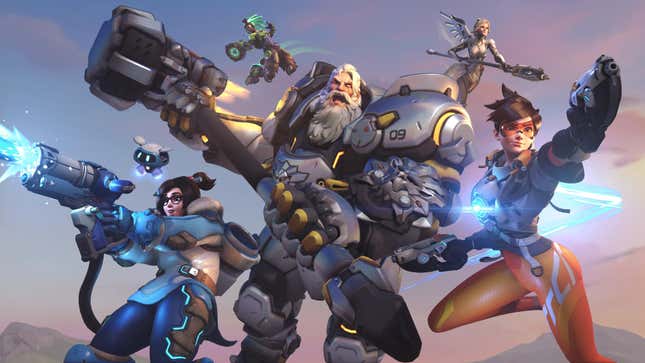 Overwatch characters use their weapons and look ready to go into battle. 